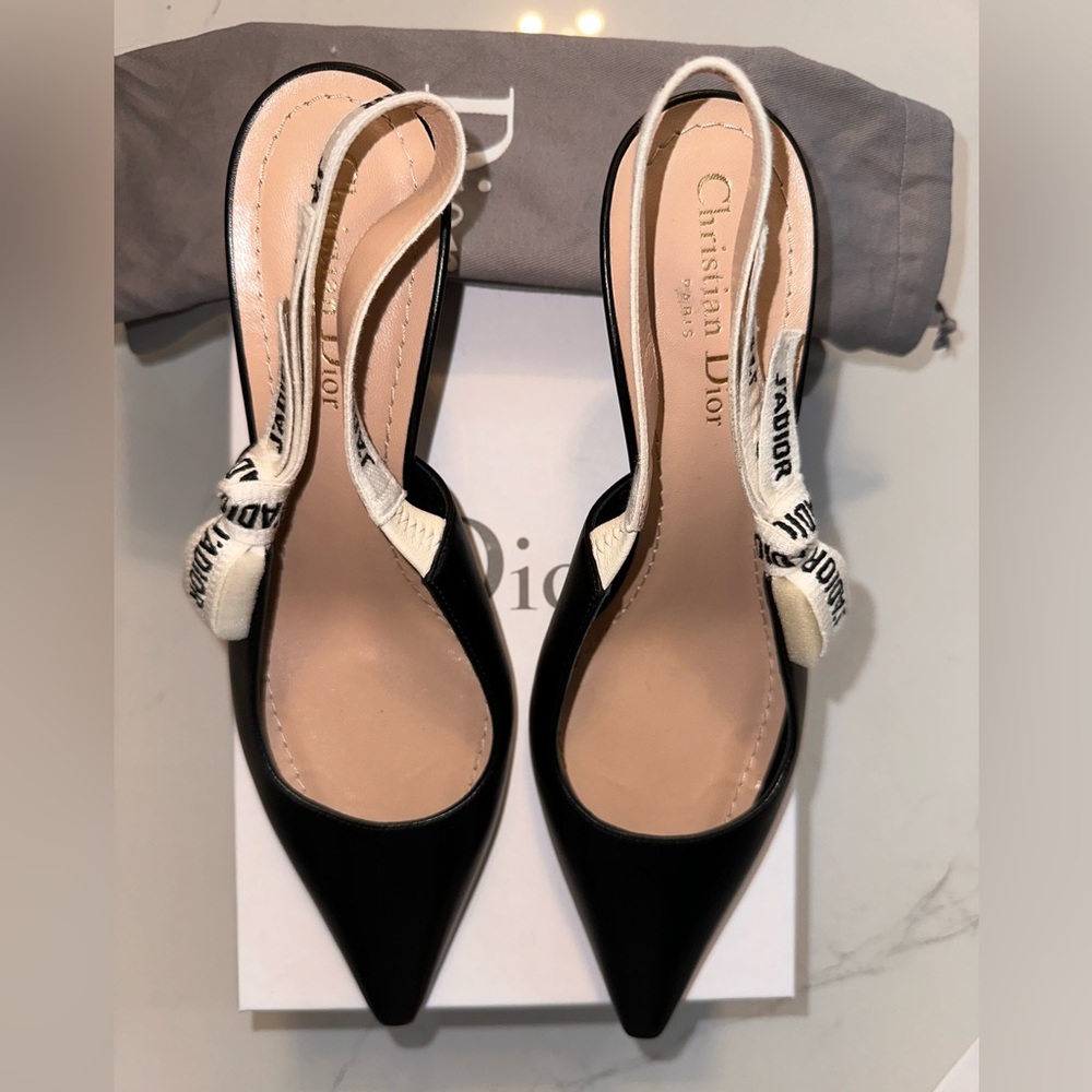 Dior Black J'adior Lambskin Leather Ribbon Slingback Pumps